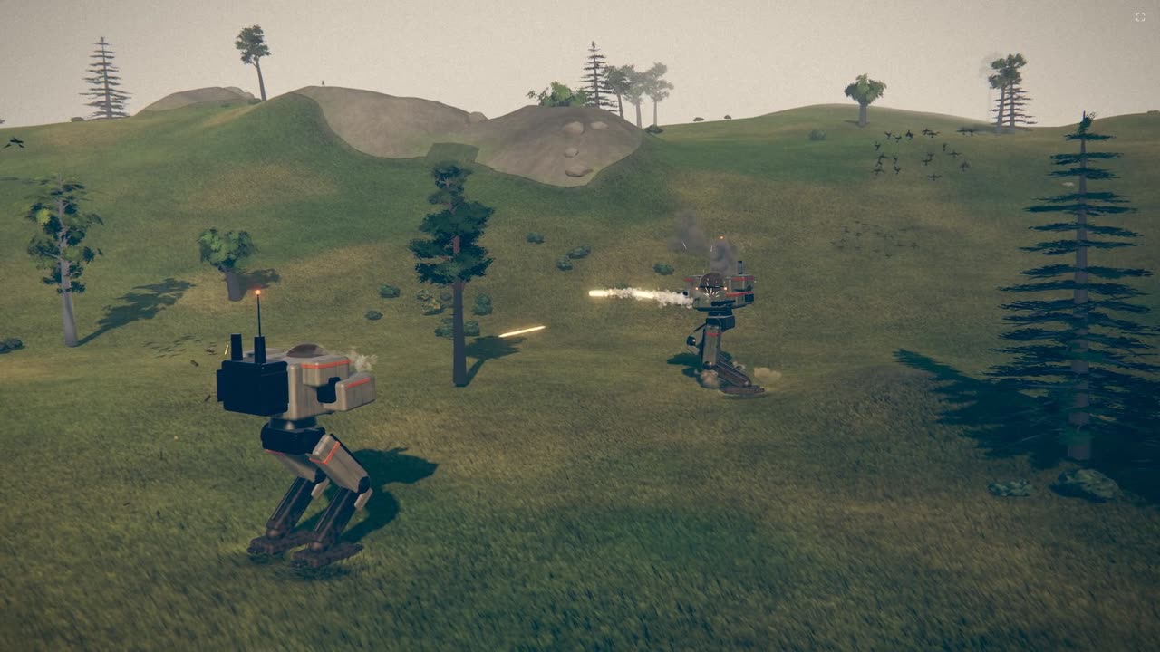 A mech fires on a hill as a blast goes off at its feet, from the trailer